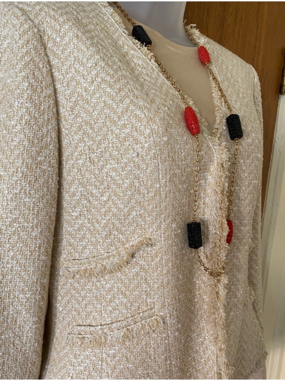 Dana Buchman Cream Tweed Fringed Open-Front Blazer